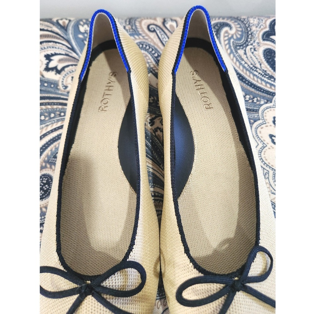 Rothys The Bow Flat Fawn Tan Navy Blue Trim Sustainable Washable Shoes W10 - Picture 5 of 9